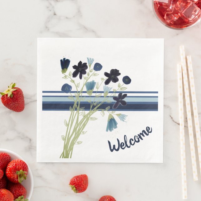 Blue Stripe and Floral Welcome Paper Dinner Napkins (Insitu)
