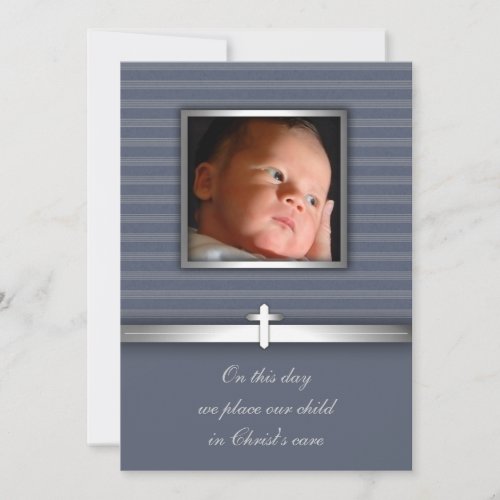 Blue Stripe Baby Boy Photo Christening Personalized Invitations