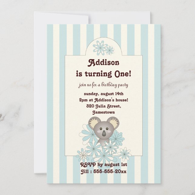 Blue Stripe Baby Koala Kids Birthday Invitation (Front)