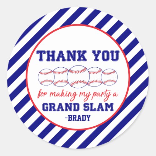 Blue Stripe Baseball Birthday Party Thank You Classic Round Sticker