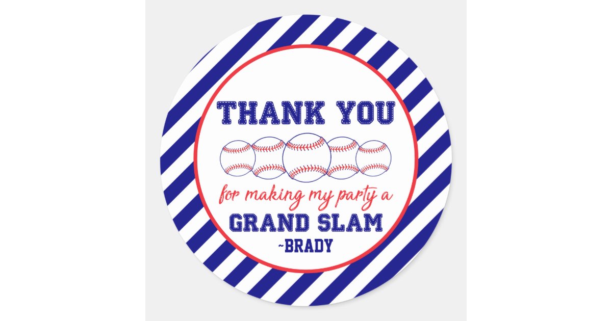 Blue Stripe Baseball Birthday Party Thank You Classic Round Sticker ...
