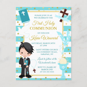 Blue Stripe Black Hair Boy First Holy Communion Postcard
