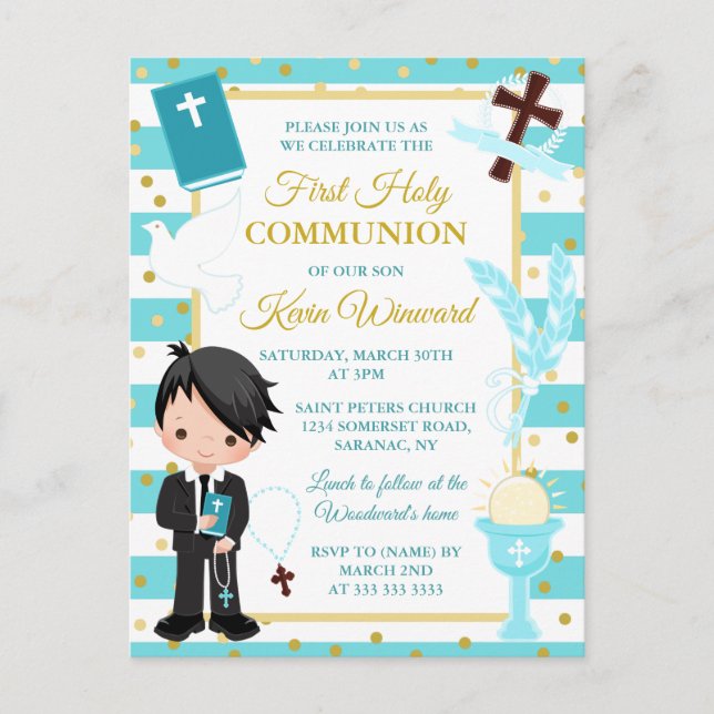 Blue Stripe Black Hair Boy First Holy Communion Postcard (Front)