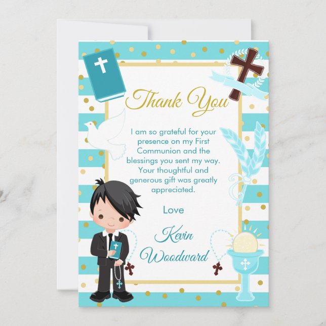 Blue Stripe Black Hair Boy First Holy Communion Thank You Card (Front)