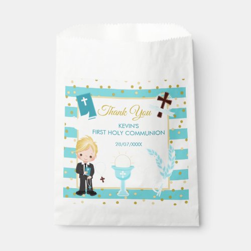 Blue Stripe Blonde Boy First Holy Communion Favor Bag