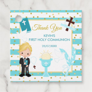 Blue Stripe Blonde Boy First Holy Communion Favor Tags