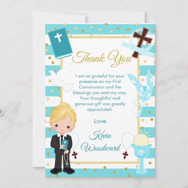 Blue Stripe Blonde Boy First Holy Communion Thank You Card (Front)