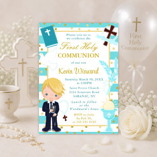 Blue Stripe Blonde Haired Boy First Holy Communion Invitation