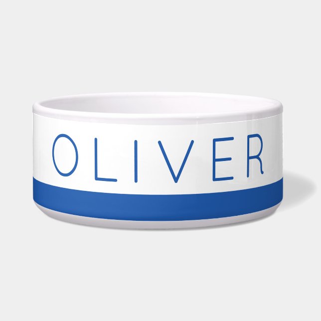 Blue Stripe Border Personalized Name Pet Bowl (Front)