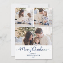Blue Stripe Bow Family 3 Photo Christmas