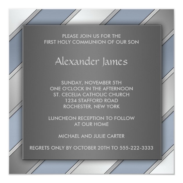 Blue Stripe Boys First Communion Invitation