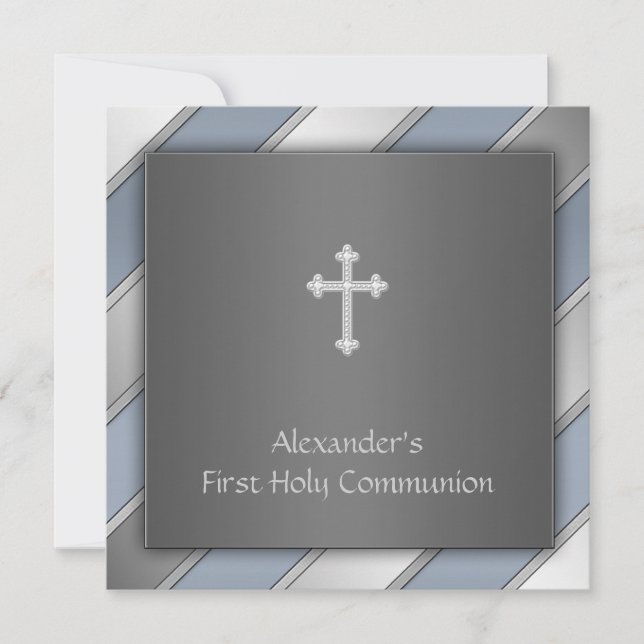 Blue Stripe Boys First Communion Invitation (Front)