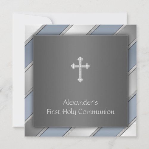 Blue Stripe Boys First Communion Personalized Invites