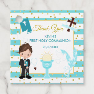 Blue Stripe Brunette Boy First Holy Communion Favor Tags