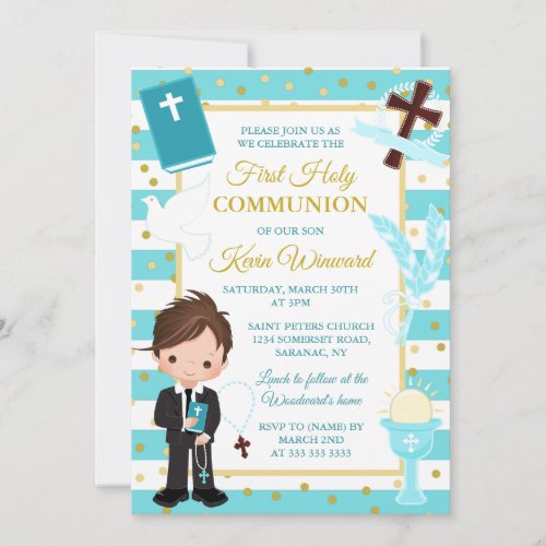 Blue Stripe Brunette Boy First Holy Communion Invitation