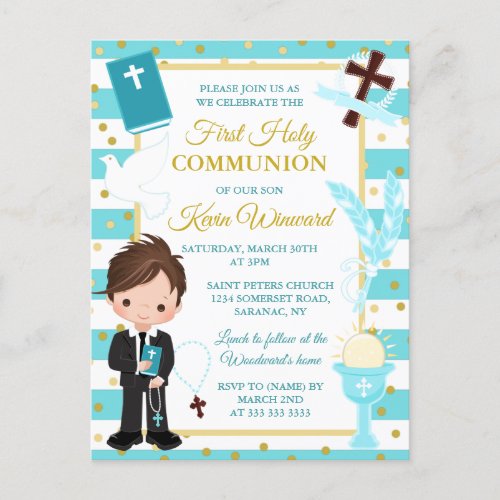 Blue Stripe Brunette Boy First Holy Communion Postcard