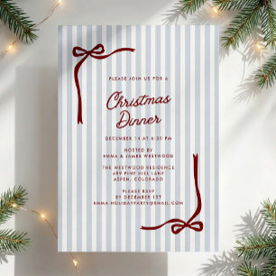 Blue Stripe Burgundy Bow Christmas Dinner Invitation