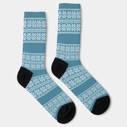 Blue Stripe Christmas Flower Pattern Socks