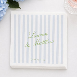 Blue Stripe Citrus Green Elegant Script Wedding Napkins