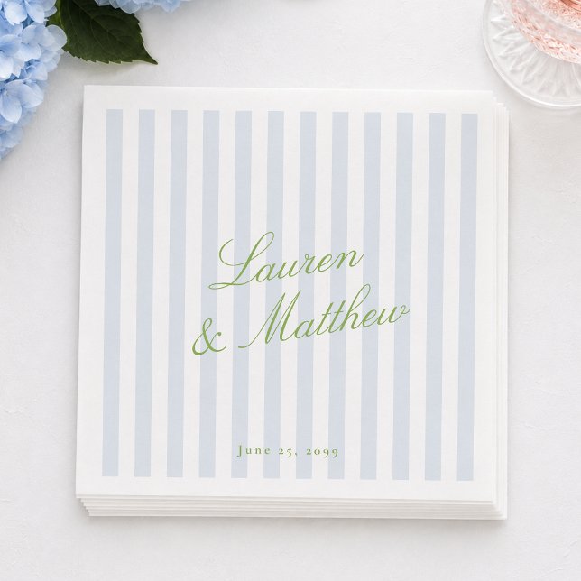Blue Stripe Citrus Green Elegant Script Wedding  Napkins (Creator Uploaded)