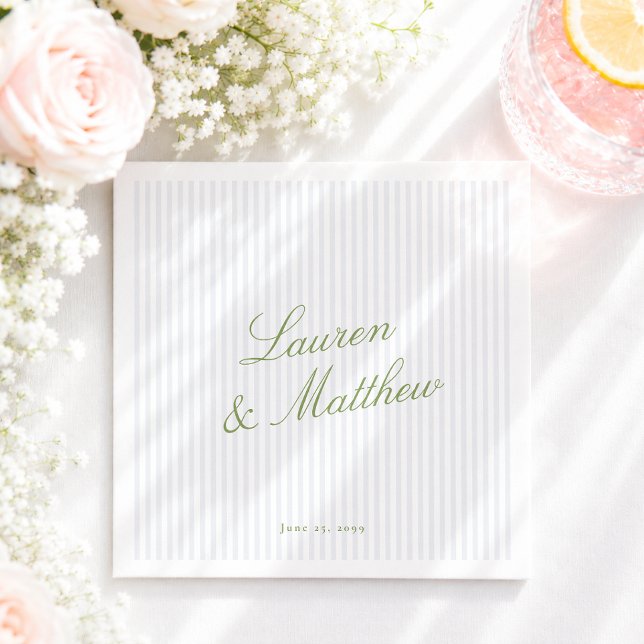 Blue Stripe Citrus Green Script Wedding Napkins (Creator Uploaded)