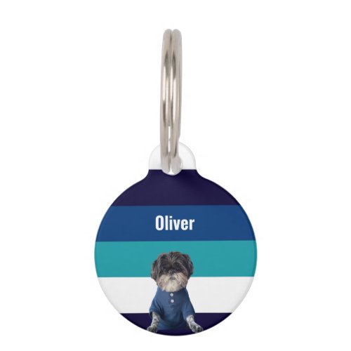 Blue Stripe Cute Animal Photo Modern  Pet ID Tag