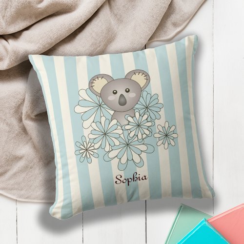 Blue Stripe Cute Baby Koala Bear Childrens Room Throw Pillow