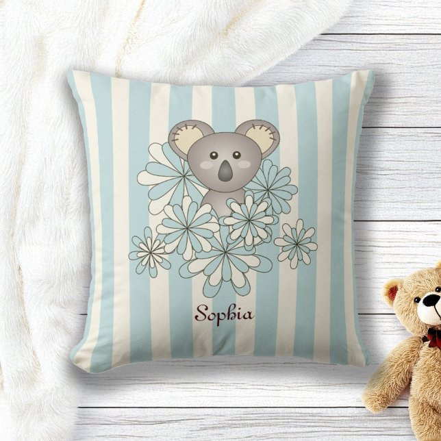 Blue Stripe Cute Baby Koala Bear Children's Room Throw Pillow (Creator Uploaded)