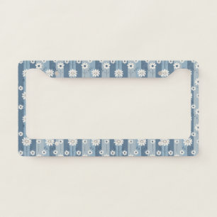 Blue Stripe Daisy Vintage Floral Pattern License Plate Frame