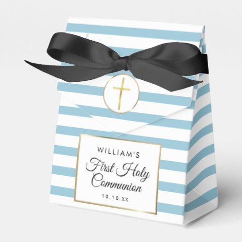 Blue Stripe Elegant Gold First Holy Communion Favor Boxes