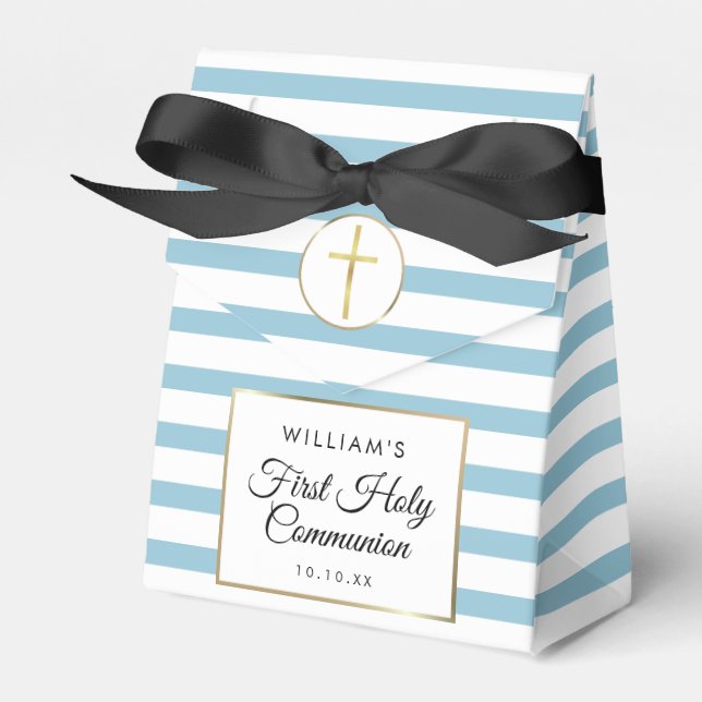 Blue Stripe Elegant Gold First Holy Communion Favor Boxes (Front Side)