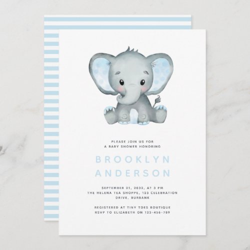 Blue Stripe Elephant Boy Baby Shower Invitation