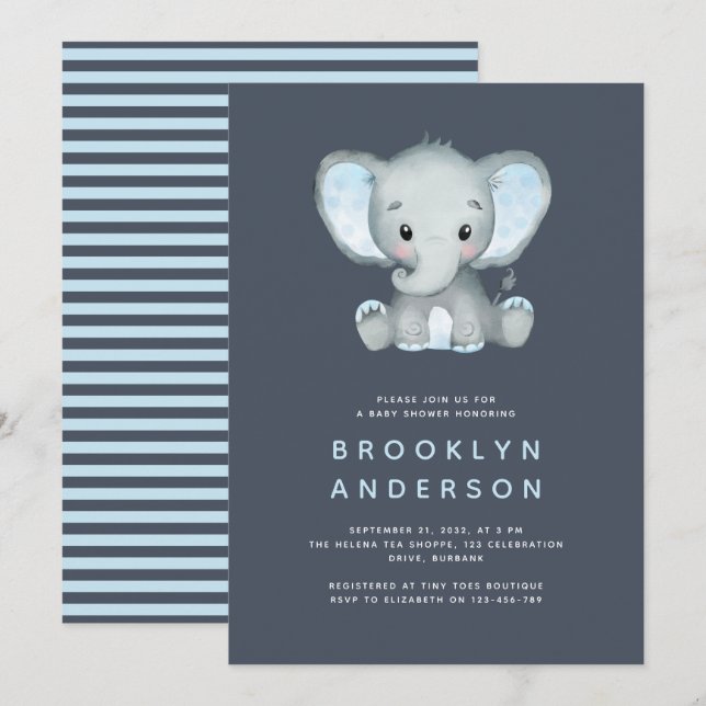 Blue Stripe Elephant Boy Baby Shower Invitation (Front/Back)
