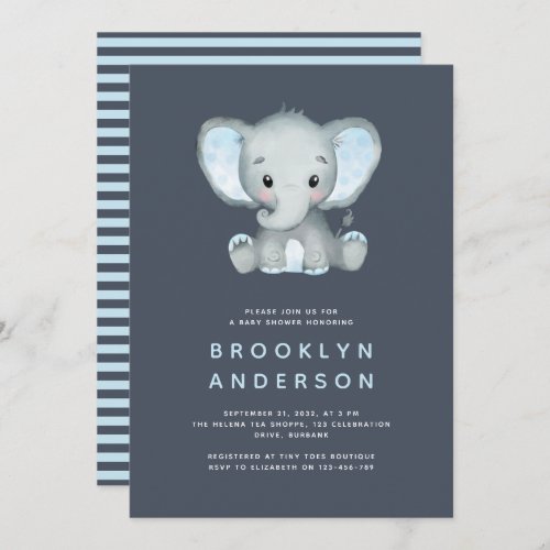 Blue Stripe Elephant Boy Baby Shower Invitation