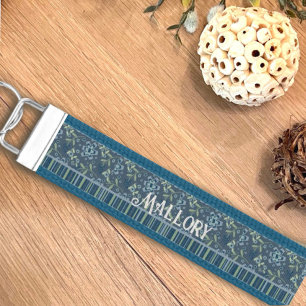 Blue Stripe Floral Modern Custom Inspirivity Wrist Keychain