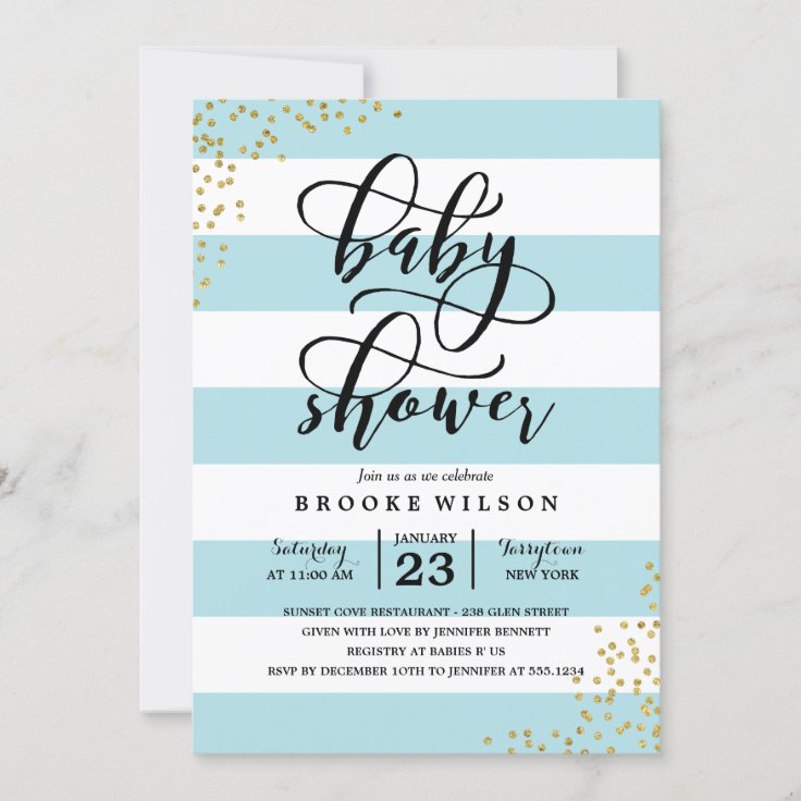 Blue Stripe Glitter Dots Baby Shower Invitation | Zazzle