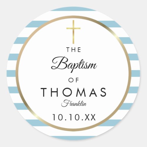 Blue Stripe Gold Cross Baptism Christening Classic Round Sticker