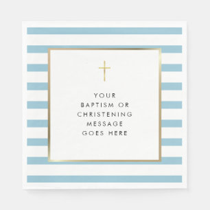 Blue Stripe Gold Cross Baptism Christening Message Napkins