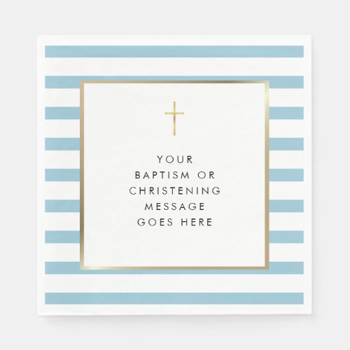 Blue Stripe Gold Cross Baptism Christening Message Napkins
