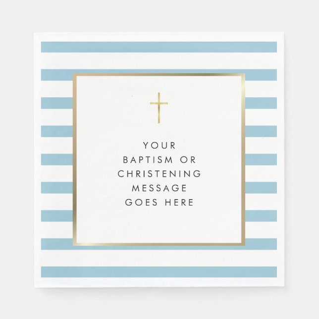 Blue Stripe Gold Cross Baptism Christening Message Napkins (Front)
