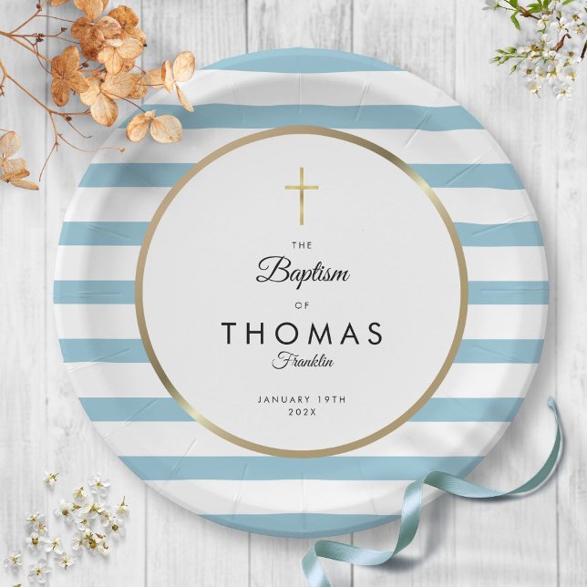 Blue Stripe Gold Cross Baptism Christening Paper Plates (Blue Stripe Gold Cross Baptism Christening Paper Plates)