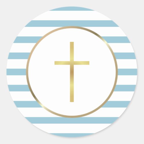 Blue Stripe Gold Cross Classic Round Sticker