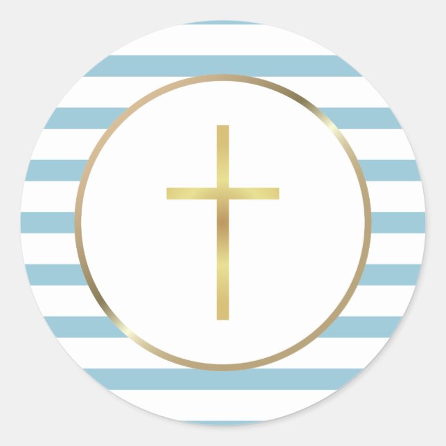 Blue Stripe Gold Cross Classic Round Sticker (Front)