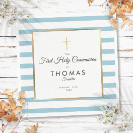 Blue Stripe Gold Cross First Holy Communion Napkins