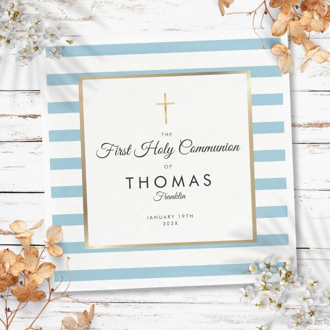 Blue Stripe Gold Cross First Holy Communion Napkins (Blue Stripe Gold Cross First Holy Communion Napkins)