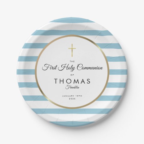 Blue Stripe Gold Cross First Holy Communion Paper Plates