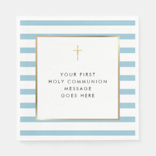 Blue Stripe Gold Cross Holy Communion Message Napkins