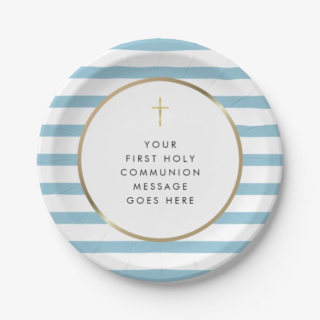 Blue Stripe Gold Cross Holy Communion Message Paper Plates (Front)