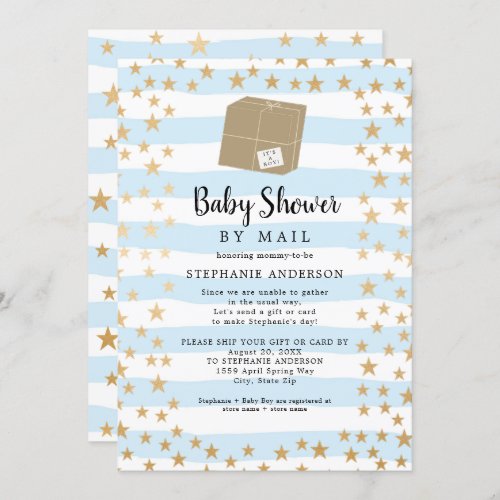 Blue Stripe  Gold Star Boy Baby Shower by mail Invitation