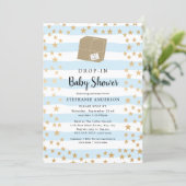 Blue Stripe + Gold Star DROP-IN Boy Baby Shower Invitation (Standing Front)